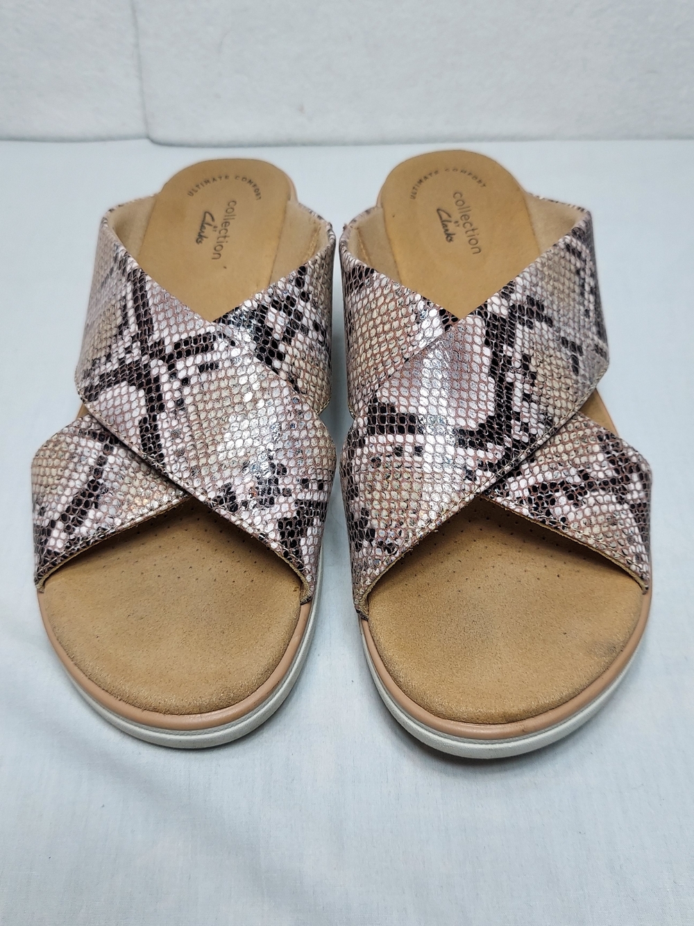 Clarks Jillian Gem Snake-Skin Brown Criss Cross Wedge Slide Women's Size 8.5M